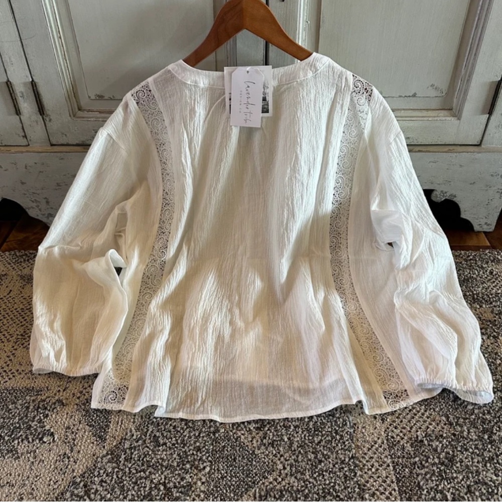 New White Lace Inset 3/4 Sleeve Button Front Floral Blouse Top Women's Boho - Picture 7 of 11